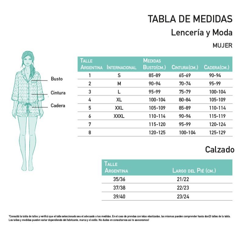 Pijama modal ROCK Talle especial Tabla de medidas