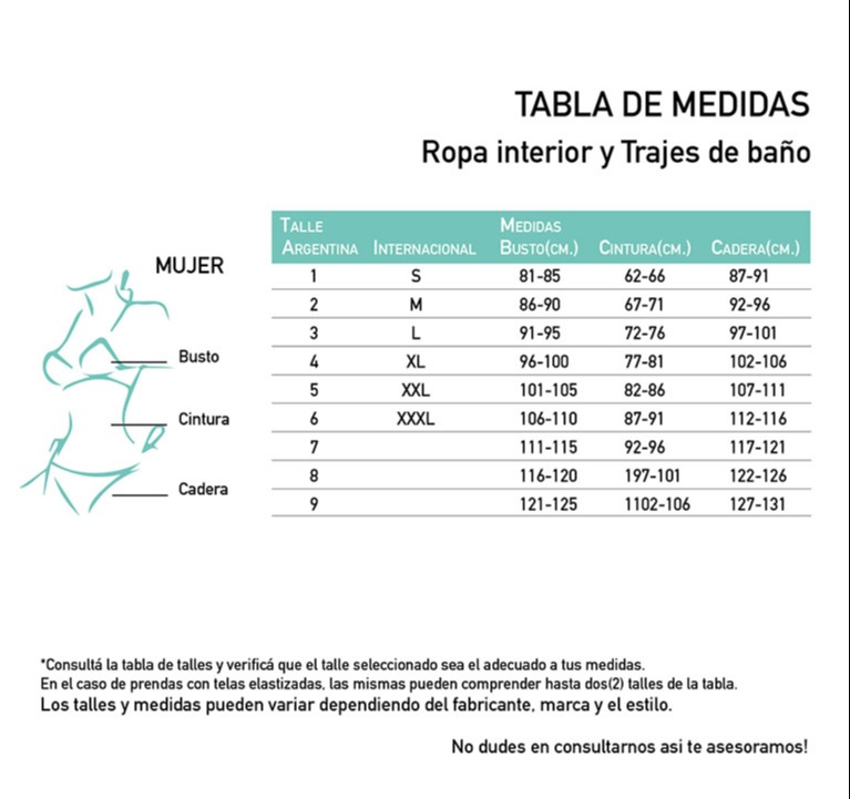 Enteriza strapless con lazo Tabla de medidas