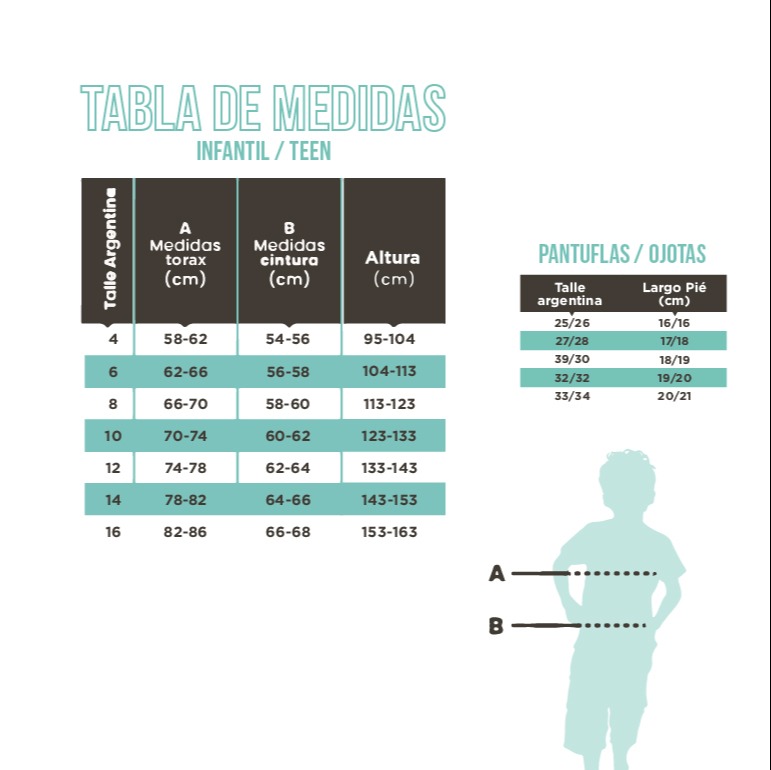 Pijama infantil TÍVOLI Plus size Tabla de medidas