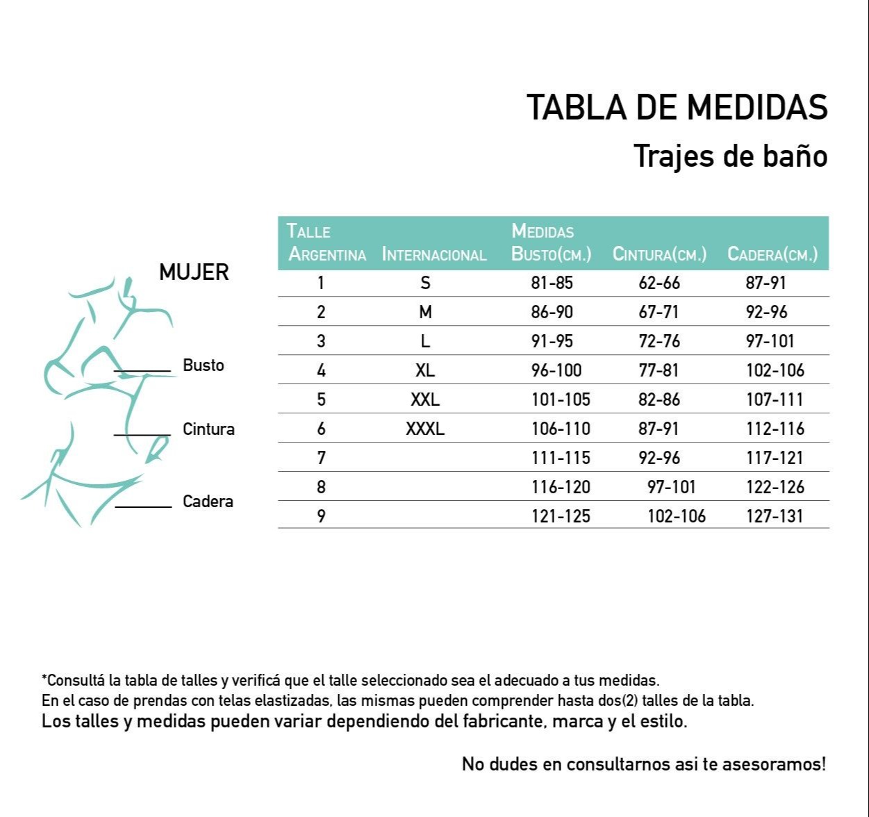 Bikini reductora HERRAJES Tabla de medidas