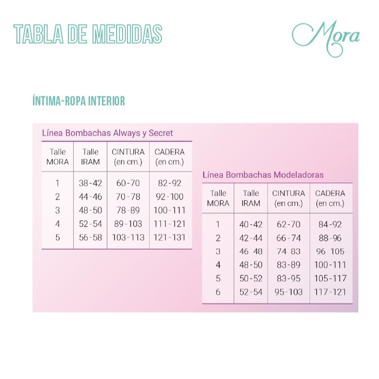 Bombacha modeladora soft Tabla de medidas