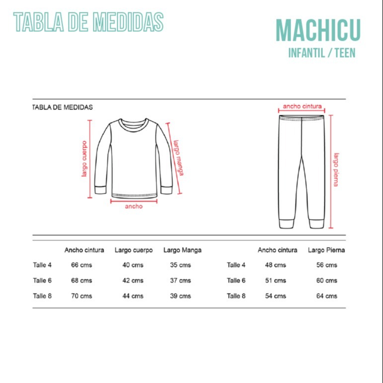 Pijama Infantil MACHICU GREEN Tabla de medidas
