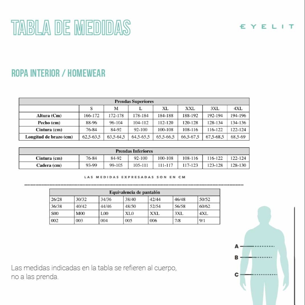 Pijama BASIC men Tabla de medidas