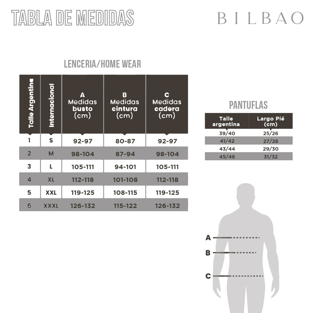Bata peluche soft men Aw Tabla de medidas